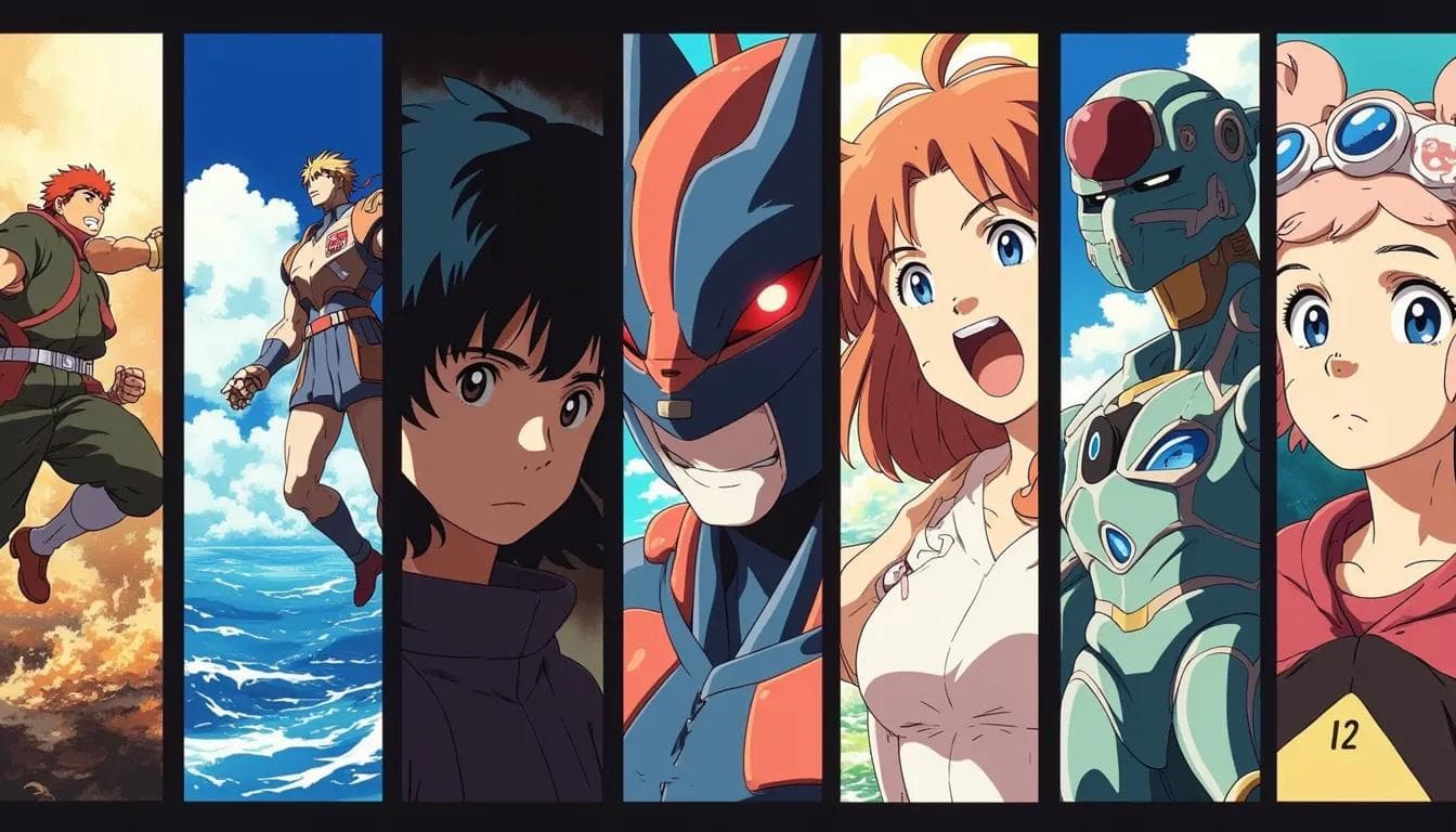 Six anime characters in separate panels representing action, adventure, drama, mecha, romance, and comedy genres.